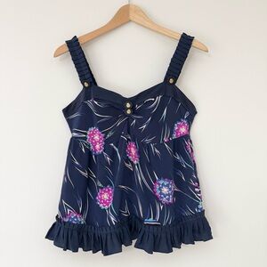 Yumi Kim Navy Y2K Babydoll Floral Silk Top Gold Buttons & Ruffle Hem, Sz S, EUC